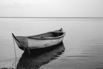 Naklejka premium Old wooden rowboat floating on still water in a black and white landscape.