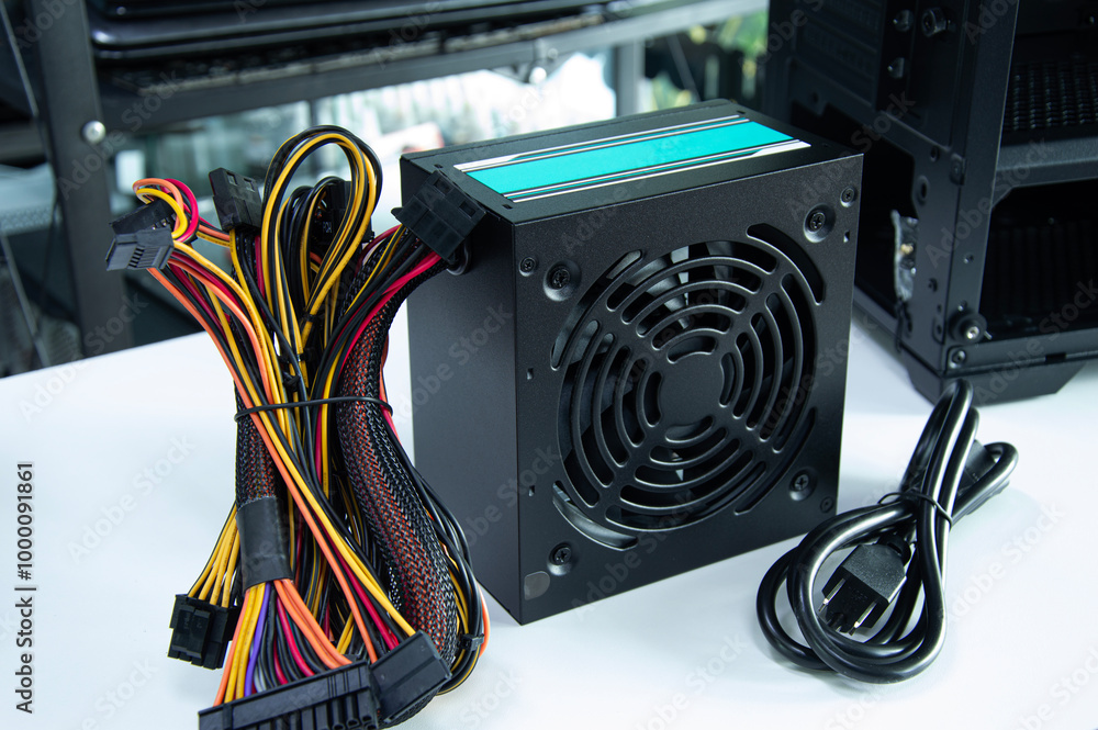 Poster side view of computer power supply, computer components, motherboard and electrical circuits.