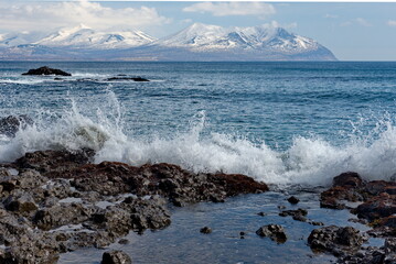 Russia. The Far East. The Kuril Islands. Waves of the Pacific Ocean beating against basalt rocks on the shore of Iturup Island.