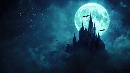 Obraz premium Dark castle floating in the sky with bats circling and a bright full moon casting an eerie glow.