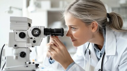 Naklejka premium 30 Closeup of a doctor using an otoscope to inspect a patients ear, ear exam, hearing health