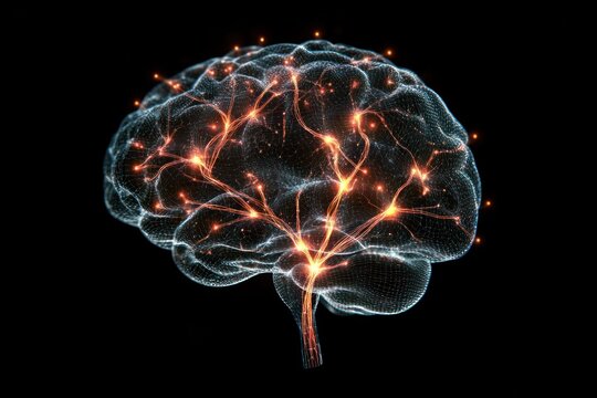 A 3D Representation of a Human Brain with Glowing Neural Pathways