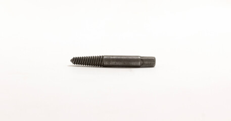 Steel screw extractor tool for removing broken screws or bolts, isolated on clean white background.