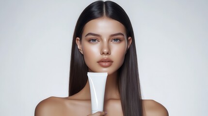 An elegant woman stands with a luxury cosmetic cream tube, her straight hair framing her flawless face beautifully against a clean white background.