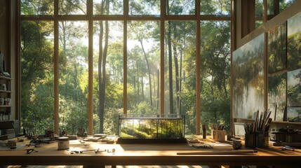 Obraz premium A bright artis studio, the forest in the glass box resting on a wooden workbench, with large windows providing natural light that illuminates the scene