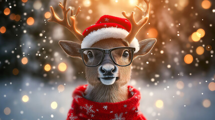 Funny Christmas reindeer wearing glasses and Christmas costume