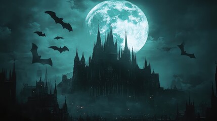 Dark silhouette of a medieval castle hovering in the sky, framed by a full moon and bats circling around.