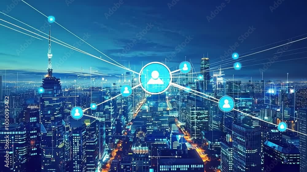 Poster network of interconnected points forming lines over a modern city, symbolizing the power of neurotec