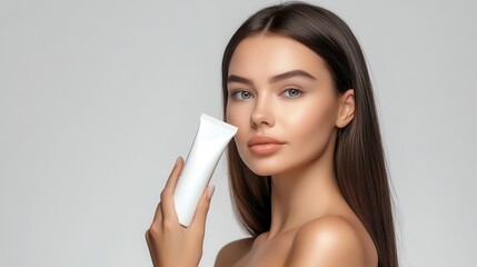 An elegant woman with straight hair gracefully holds a luxury cosmetic cream tube, her flawless skin glowing against the pure white background.