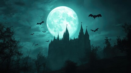 Silhouette of a virtual castle hovering under a glowing full moon, with bats filling the shadowy night sky.