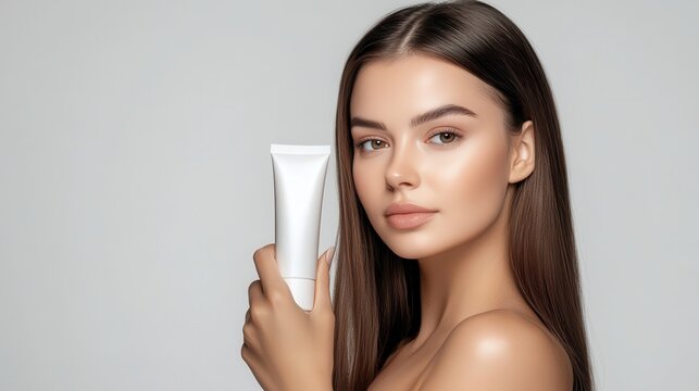 An elegant woman with straight hair gracefully holds a luxury cosmetic cream tube, her flawless skin glowing against the pure white background.