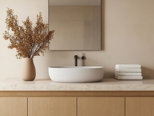 Fototapeta premium Elegant bathroom with textured sink, large vanity, and neutral shades, modern luxury