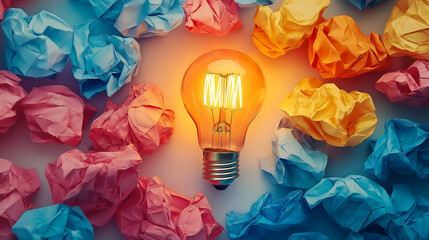 Colorful crumpled colorful paper and light bulb, Innovation and creative ideas