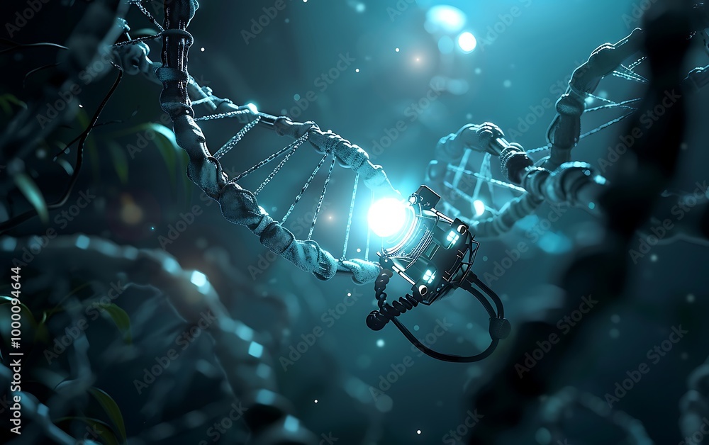 Aufkleber science background image with dna molecule research concept. 3d rendering toned image