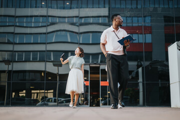A diverse business team engaged in a discussion outdoors, reflecting modern collaboration and strategy in a corporate setting. The image captures a sense of professionalism and teamwork.