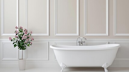 Obraz premium Classic bathroom with clawfoot tub, pedestal sink, and neutral tones, vintage elegance