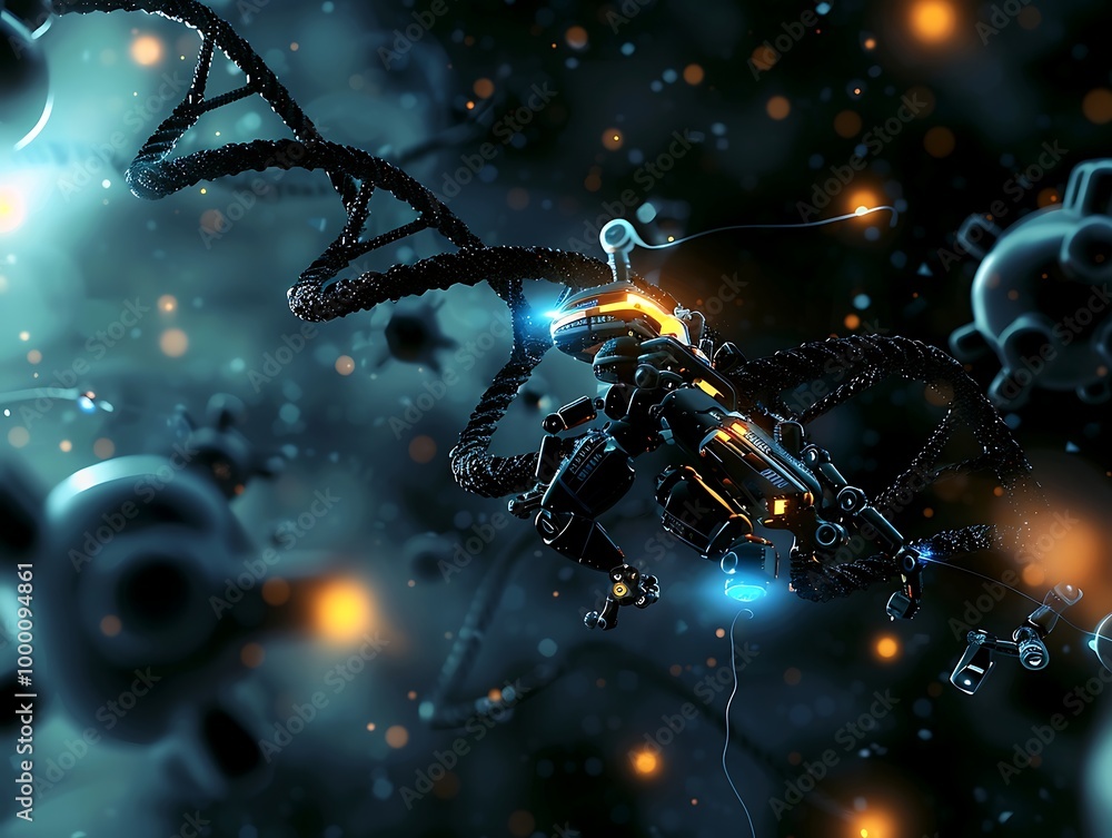 Poster science background image with dna molecule research concept. 3d rendering toned image