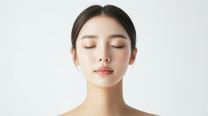 Front view of a graceful woman with straight hair, her flawless skin softly glowing. With closed eyes, she stands against a crisp white background, creating a refined and professional atmosphere.