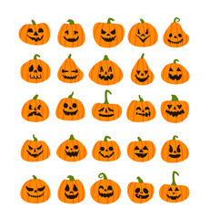 Halloween colorful orange pumpkin faces, jack-o-lantern faces vector set.  Illustration of carved pumpkin faces. Spooky scary halloween faces