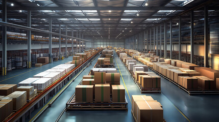 Industrial production line with various machinery working in unison to process raw materials into packaged goods