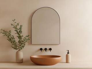 Mediterranean bathroom with terracotta sink, arched mirror, and neutral colors, warm and inviting