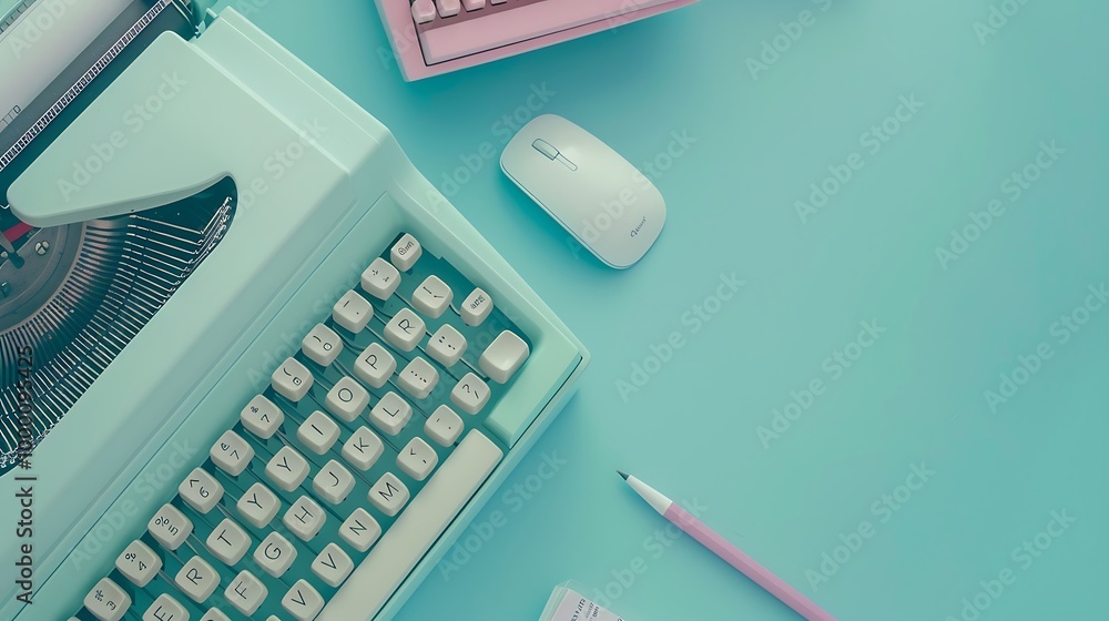 Poster retro pink computer and mouse on blue background. 3d rendering