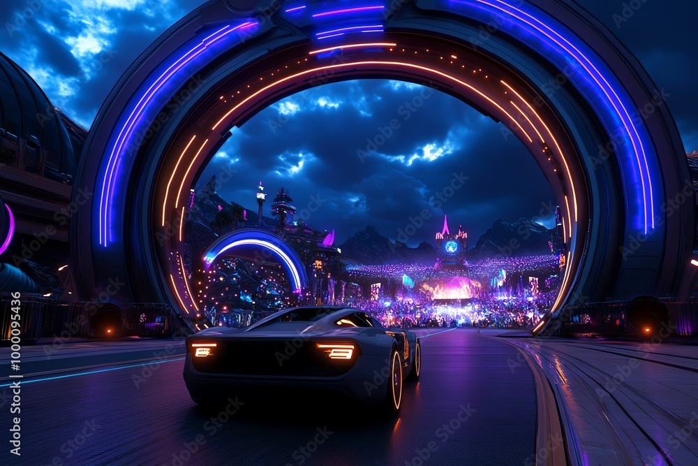 Poster digital 3d rendering of a futuristic music festival, where virtual stages, performers, and interacti