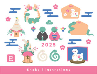 年賀状に使えるレトロカラーの巳年イラストセット