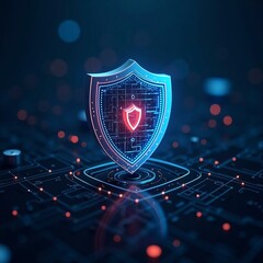 A digital shield and firewall symbols dominate the cybersecurity background, protecting a network