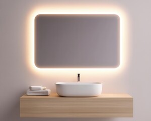 Bathroom with illuminated mirror, floating sink, and neutral walls, contemporary and sleek design