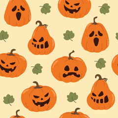 Happy Halloween day Jack o lantern seamless pattern. Spooky wallpaper of orange pumpkin in different spooky faces. Creepy jack o lantern illustration for fabric, tile, wrapping, poster, sticker.