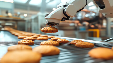 A robotic arm carefully places a cookie on a conveyor belt in a modern factory setting, Automation in food production
