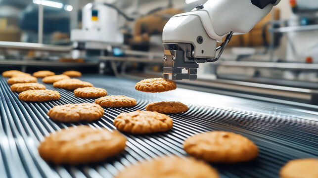 A robotic arm carefully places a cookie on a conveyor belt in a modern factory setting, Automation in food production
