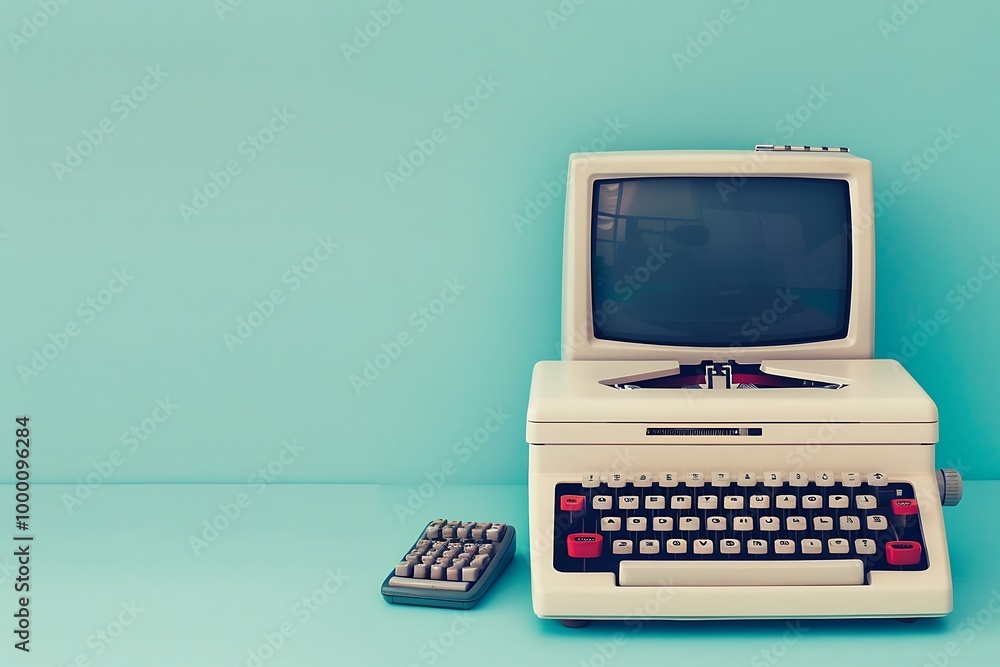 Poster retro pink computer and mouse on blue background. 3d rendering