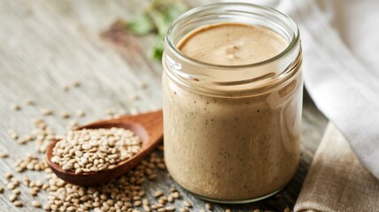 Tahini and sesame seeds on wooden table.
