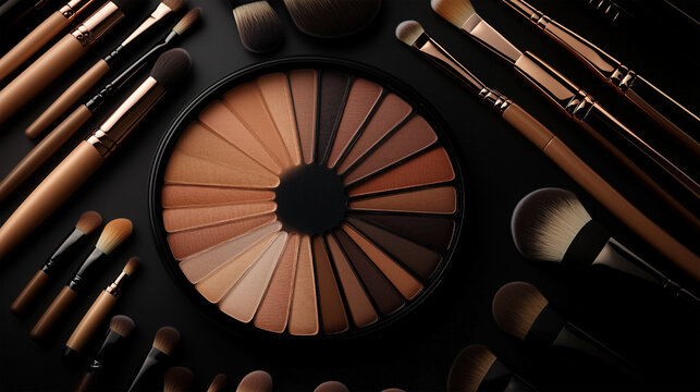 A makeup palette with many different brushes on it