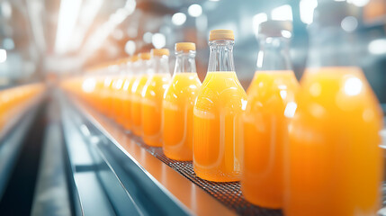Modern production line for bottling and packaging natural juices and drinks, Industrial juice bottling plant, Conveyor with juice