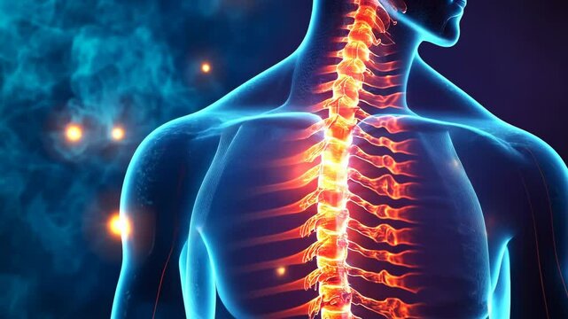 A 3D-rendered image of a human male's back showing the spine illuminated in red and orange hues against a dark, smoky background. The image emphasizes the nerve connections.