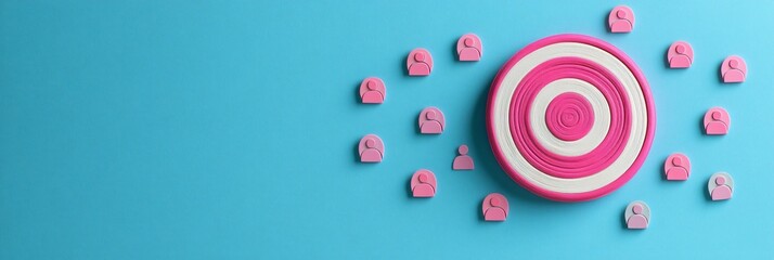 Customer Research and Audience Strategy Concept Pink Target with People Icons on Blue Background for Marketing Visuals