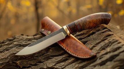 Handmade hunting knife with polished blade. AI generative.