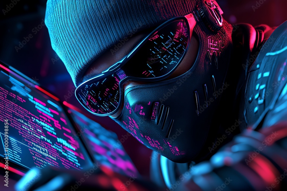 Poster digital identity thief wearing a mask, blending into a background of numbers, code, and personal inf