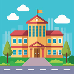 Fototapeta premium A cartoon vector of back to school illustration of an old European house on a hill, featuring classic architecture and a residential street view