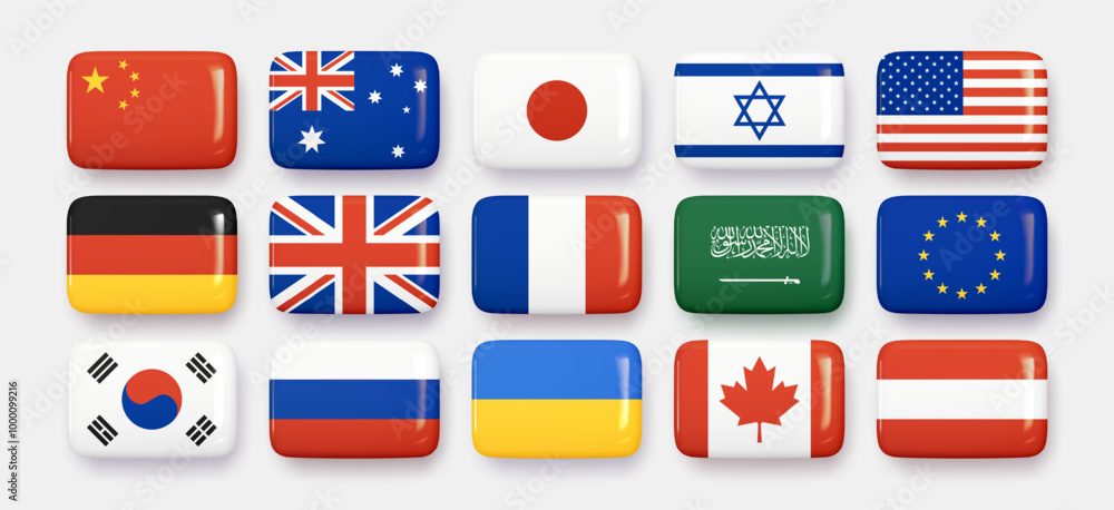 Poster 3d glossy versions of international flags in the form of buttons or icons, isolated set on white bac