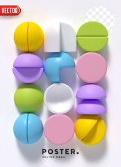 Bright and colorful abstract poster and banner design with realistic 3d geometric shapes in pastel soft colors. Vector illustration