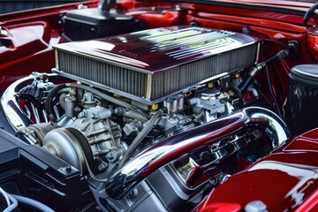 Fototapeta premium Close-up of a car engine with chrome parts and red body details.