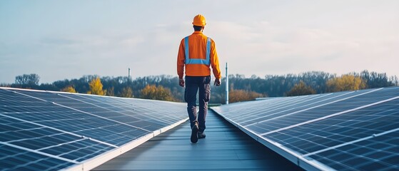 An engineer walks between rows of solar panels on a clear day, symbolizing the commitment to renewable energy and sustainable practices.