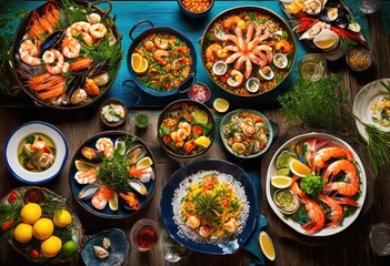 vibrant seafood collection displayed colorful wooden table filled delicious dishes fresh ingredients, shrimp, crab, lobster, fish, oysters, scallops