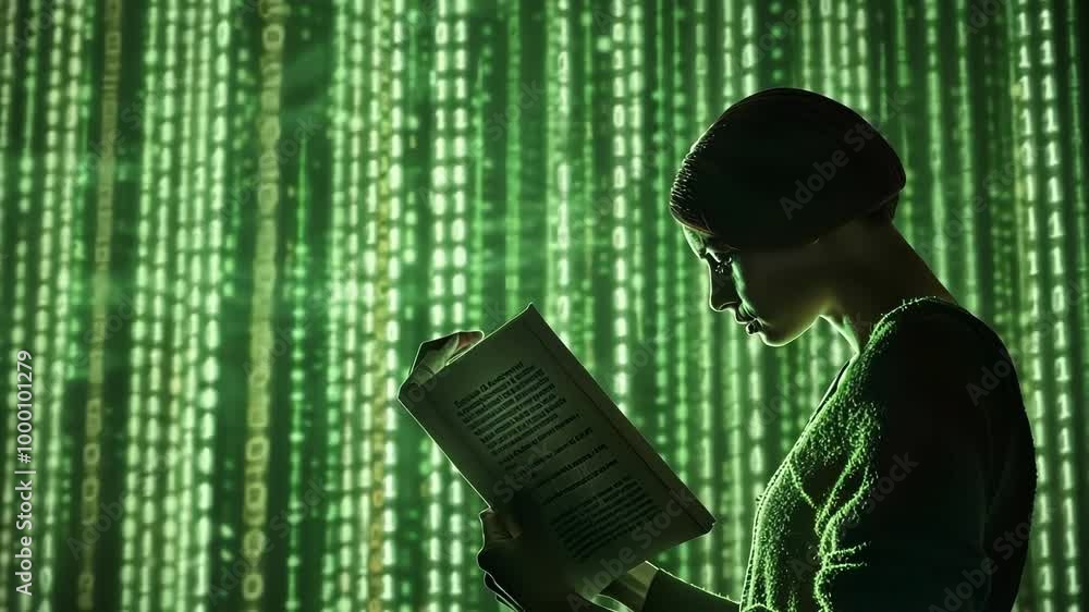 Poster woman is engrossed in a book, bathed in the green glow of cascading binary code, suggesting a connec