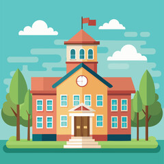Fototapeta premium A cartoon vector of back to school illustration of an old European house on a hill, featuring classic architecture and a residential street view