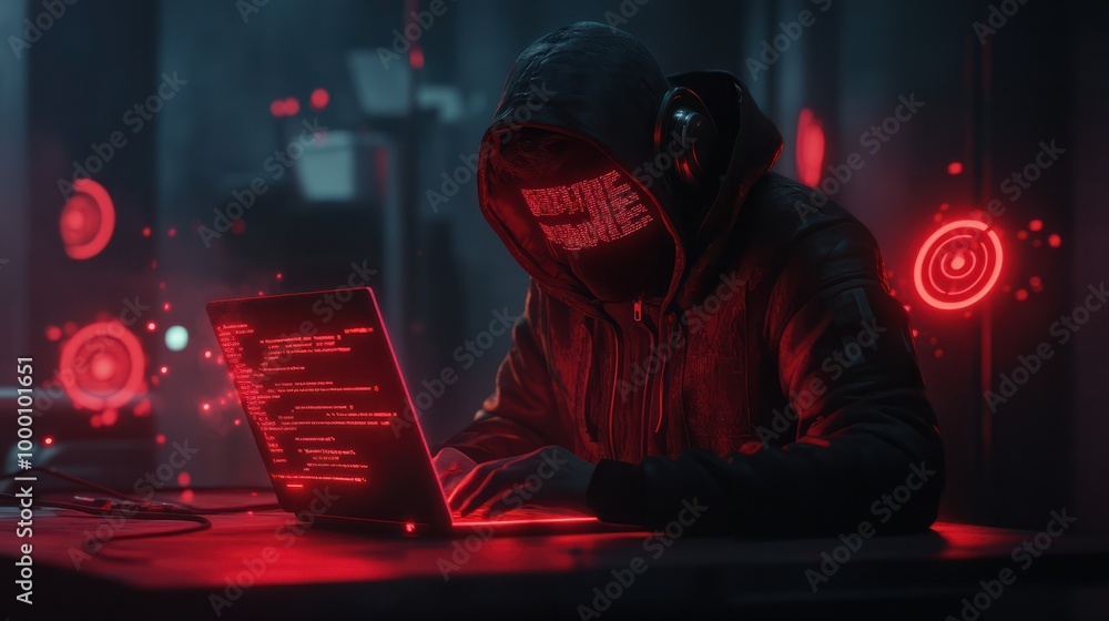 Poster a hacker in a dark room is typing code on a laptop. red alert symbols surround him.
